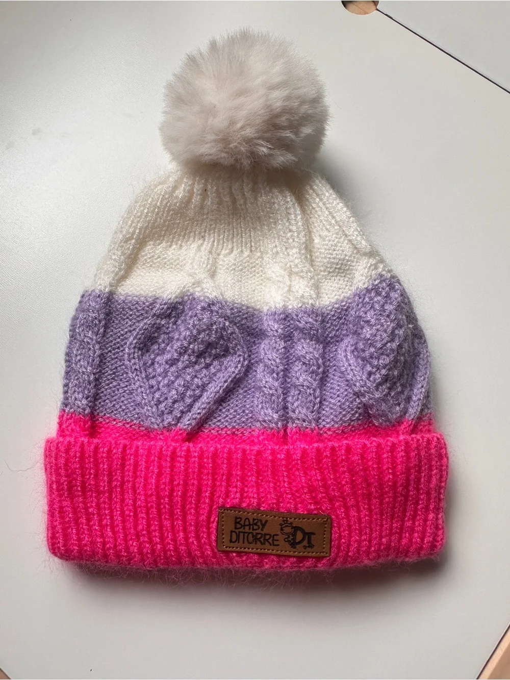 Baby Toddler Ditorre Pink Purple White Knitted Beanie Pom Pom Hat